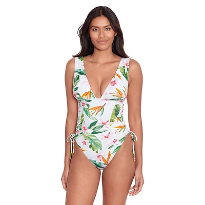 One-Piece Watercolour Tropical Floral Shirred Plunge Swimsuit
