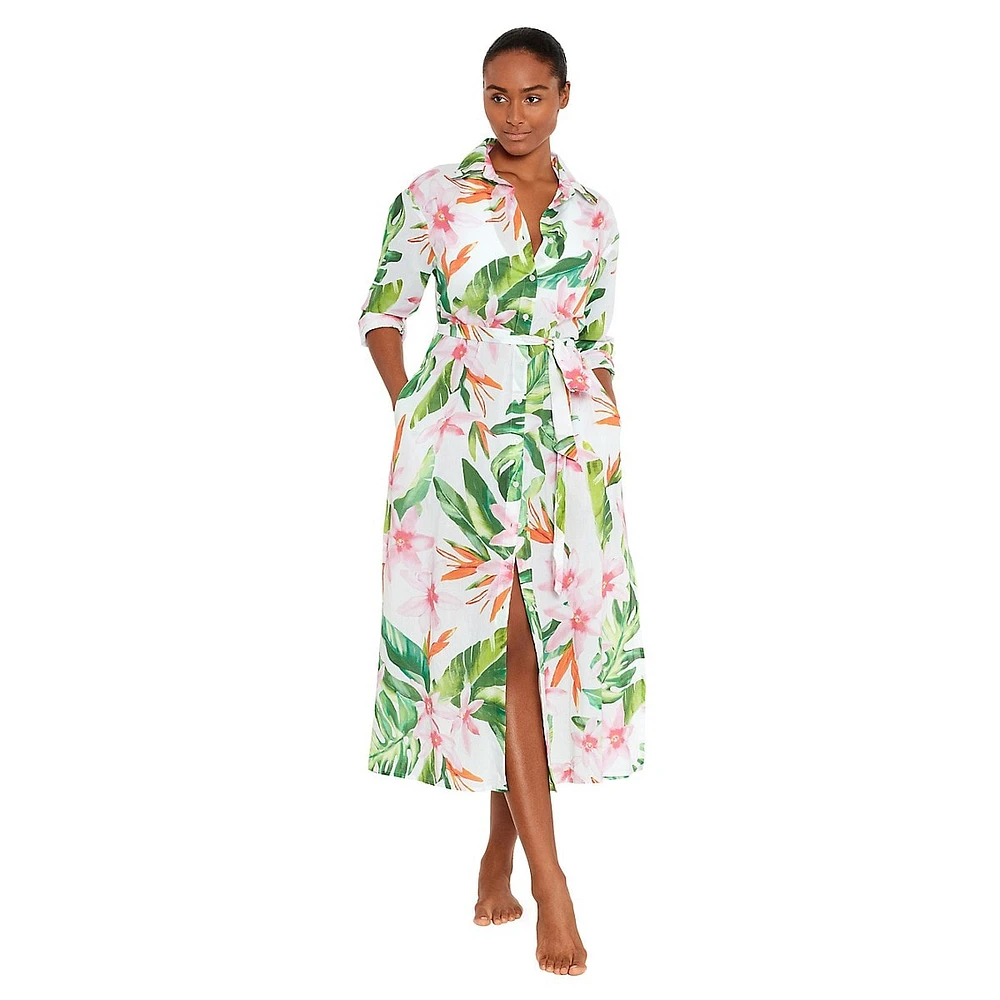 Watercolour Tropical Floral Cover Up Shirt Dress