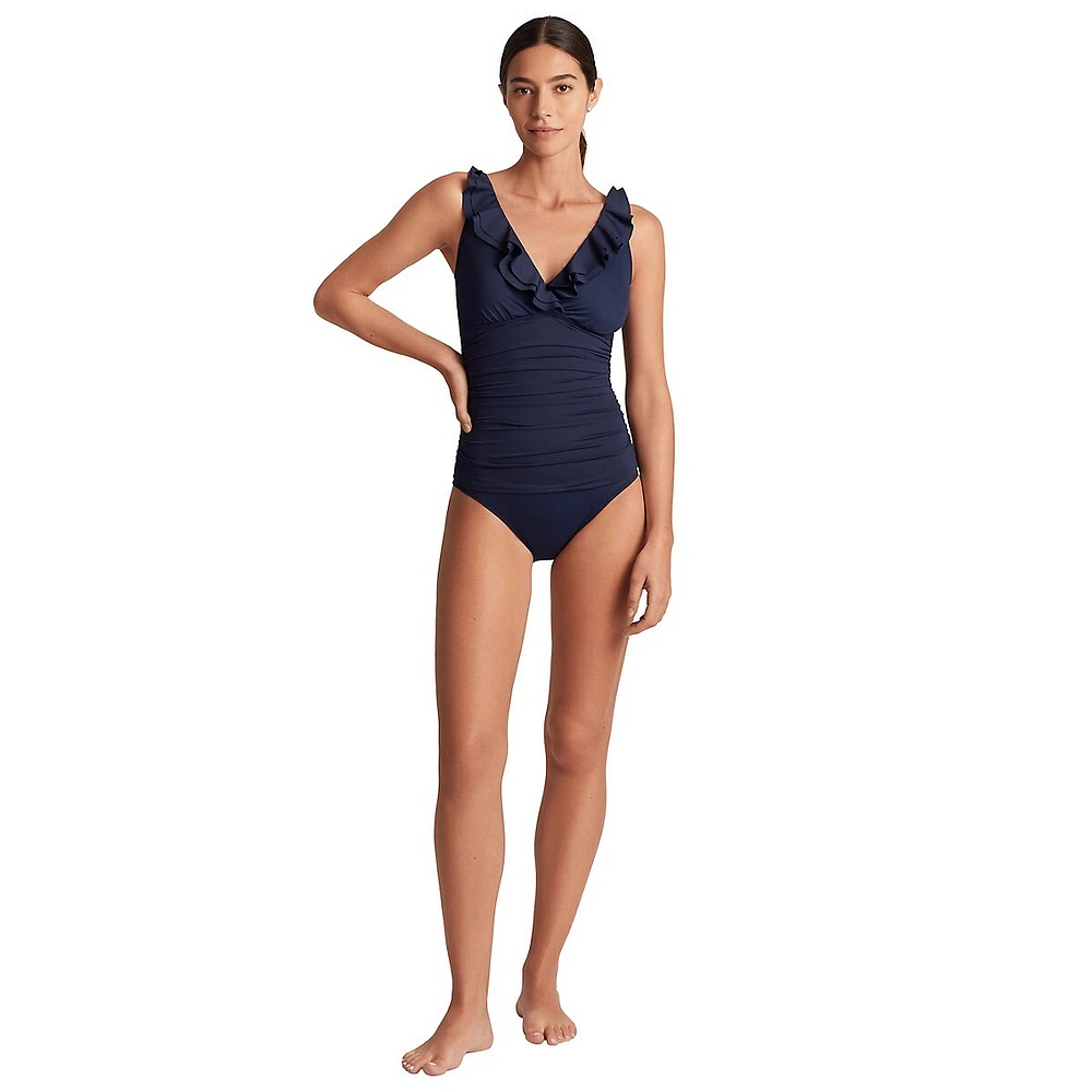 Beach Club Solids Ruffle Surplice-Neck Tummy-Control One-Piece Swimsuit