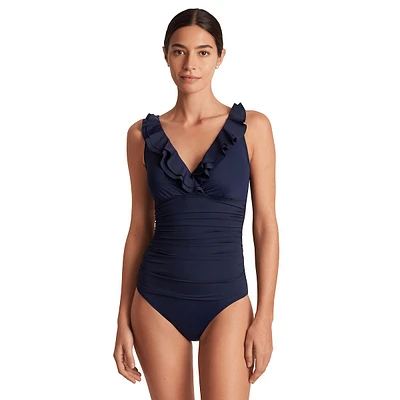 Beach Club Solids Ruffle Surplice-Neck Tummy-Control One-Piece Swimsuit