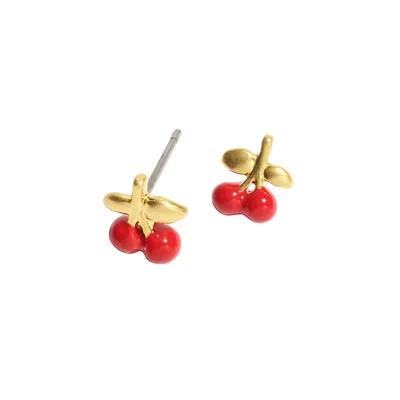 Goldtone and Enamel Cherry Stud Earrings