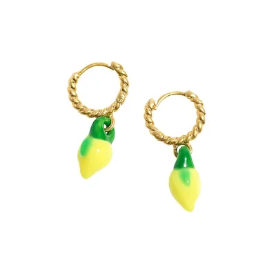 Goldtone and Enamel Lemon Twisted Huggie Hoop Earrings