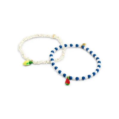Ensemble de 2 bracelets extensibles en or, fausses perles, perles d'eau douce de 2,5 à 4,5 mm et fruits en émail