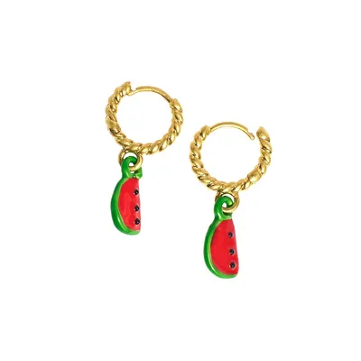 Goldtone and Enamel Watermelon Huggie Hoop Earrings