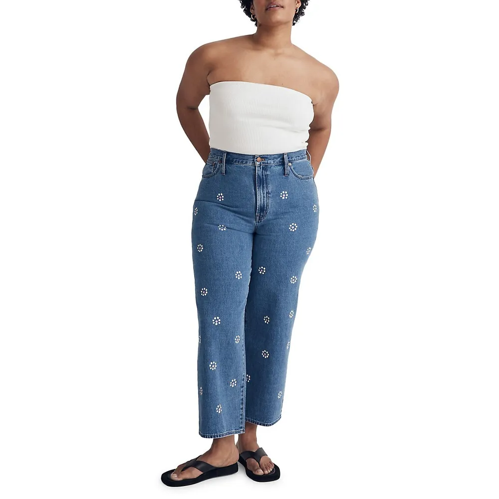 The Perfect Vintage Stamped Floral Wide-Leg Cropped Jeans