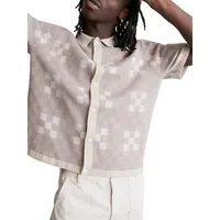 Cotton-Linen Blend Plaid Sweater Polo Shirt