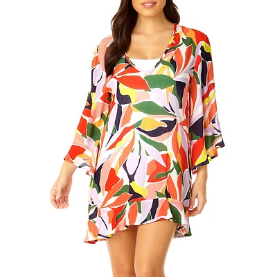Palm Party Flounce V-Neck Tunic Cover-Up