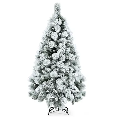 5ft/6ft/7ft Snow Flocked Hinged Artificial Slim Christmas Tree With Pine Needles