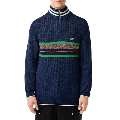 Striped Mockneck Quarter-Zip Wool-Blend Sweater