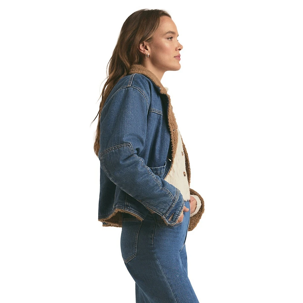 The Bridget Faux Shearling-Lined Denim Crop Jacket