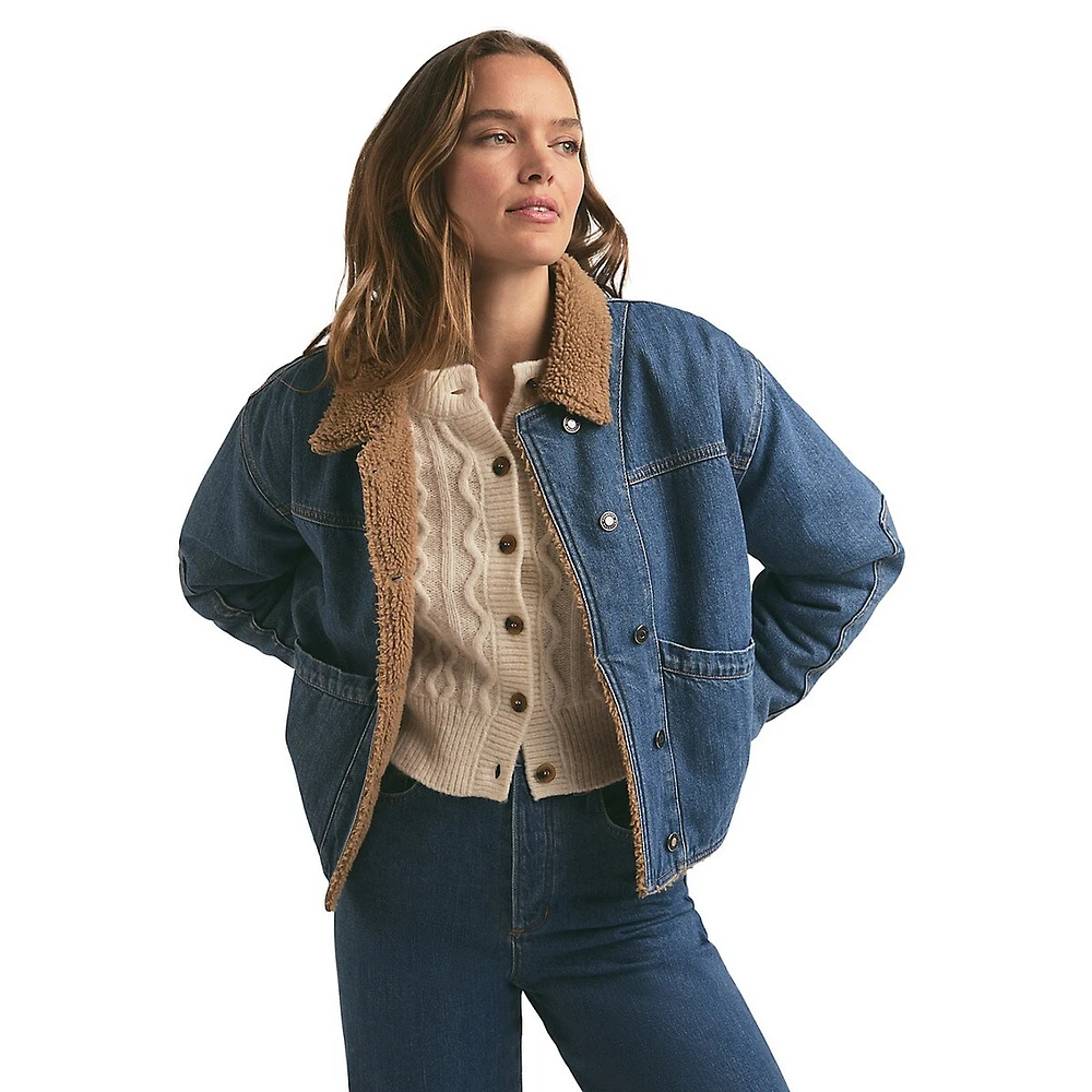 The Bridget Faux Shearling-Lined Denim Crop Jacket