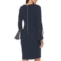 Buttoned Bell-Sleeve Scuba Crepe Sheath Dress