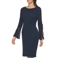 Buttoned Bell-Sleeve Scuba Crepe Sheath Dress