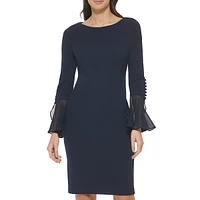 Buttoned Bell-Sleeve Scuba Crepe Sheath Dress