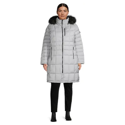 Plus Faux Fur Hooded Square-Quilt Polyfill Parka