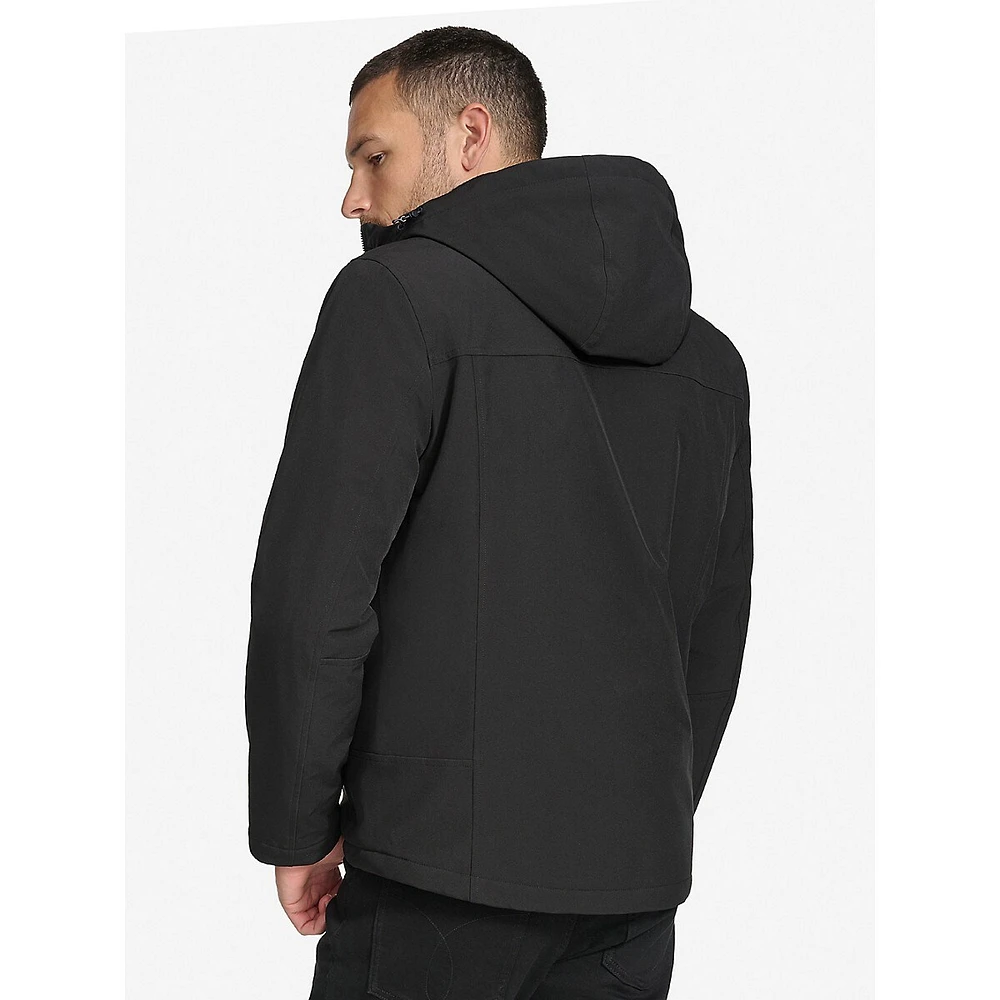 Veste softshell à capuche doublée de fausse peau mouton