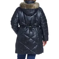 Plus Faux Fur-Trim Hood Quilted Jacket