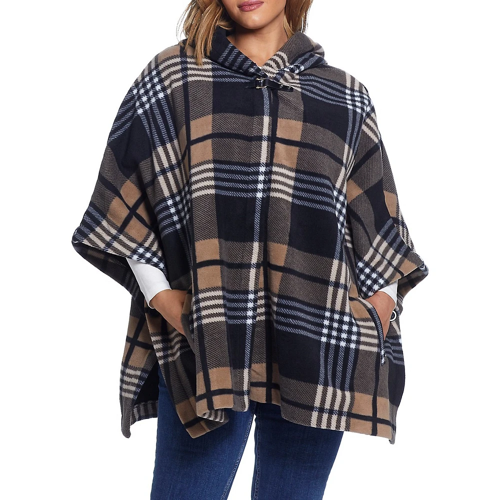 Weatherproof Loose-Fit Plaid Hooded Cape Poncho