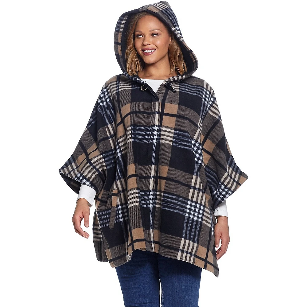 Weatherproof Loose-Fit Plaid Hooded Cape Poncho