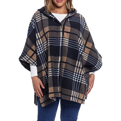 Weatherproof Loose-Fit Plaid Hooded Cape Poncho