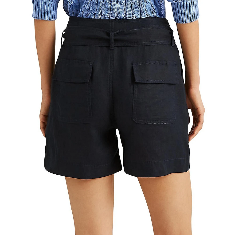 Belted-Waist Linen Shorts