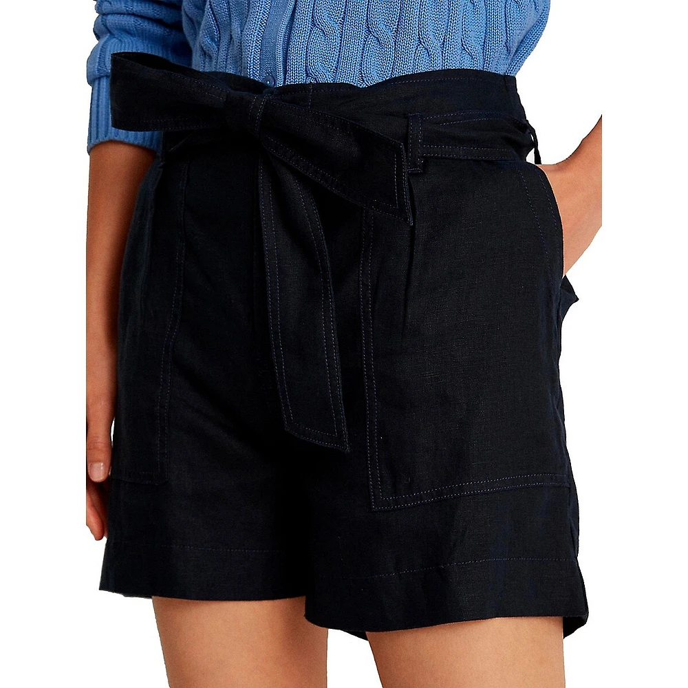 Belted-Waist Linen Shorts