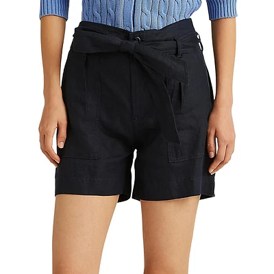 Belted-Waist Linen Shorts
