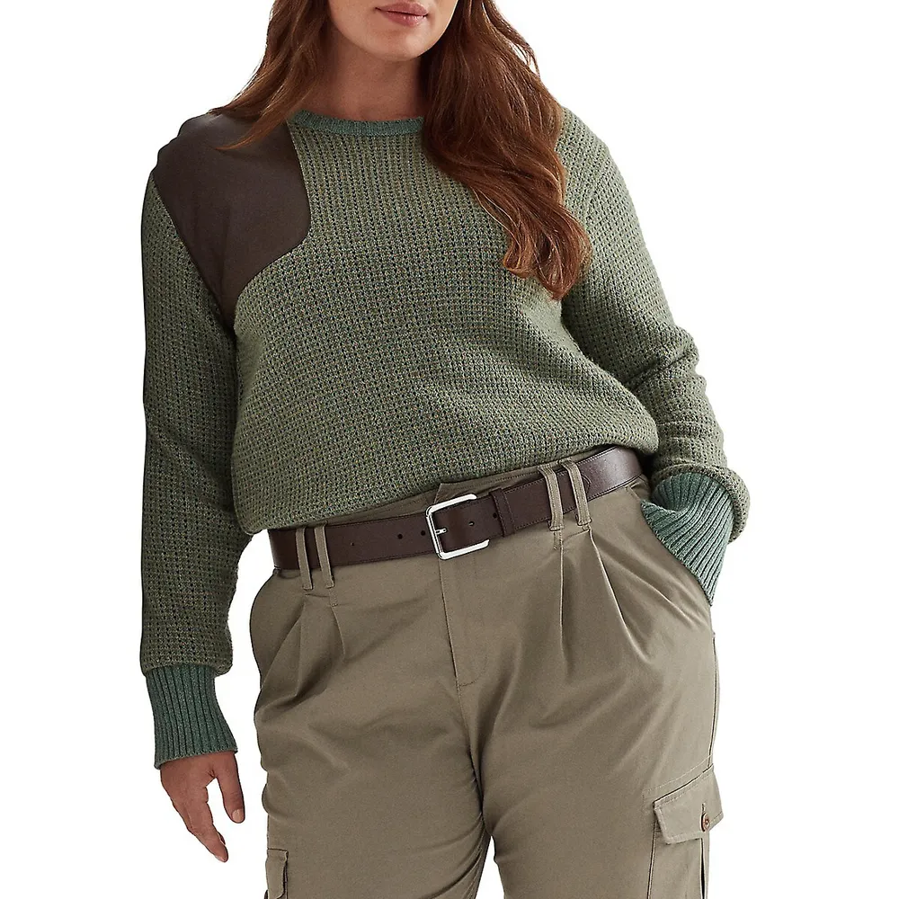 Plus Faux-Leather-Trim Wool-Blend Sweater