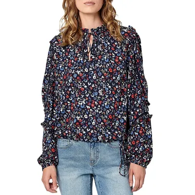 Adeline Floral Ruffle-Trim Tie-Neck Blouse