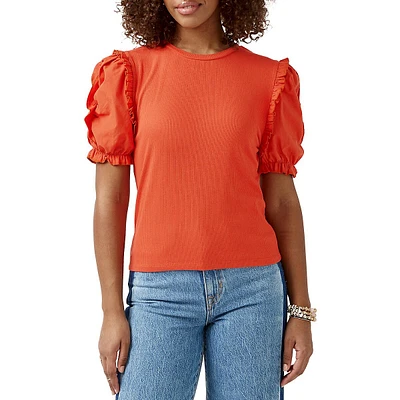 Corey Mixed Media Puff-Sleeve T-Shirt