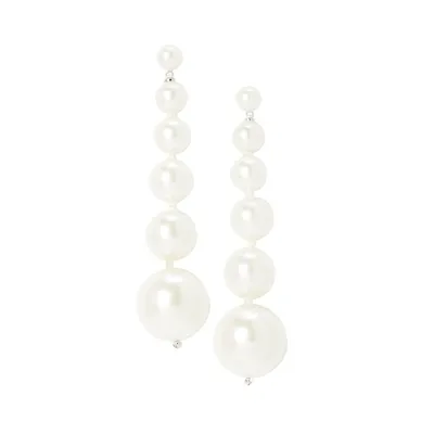 Boucles d'oreilles linéaires en perles, ton argent, zircons cubiques et perles acryliques
