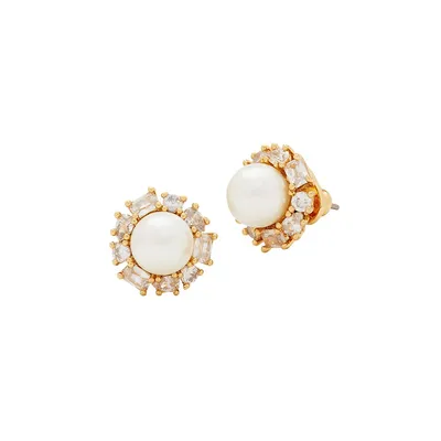 Candy Shop Glass Pearl, Cubic Zirconia & Goldtone Halo Stud Earrings