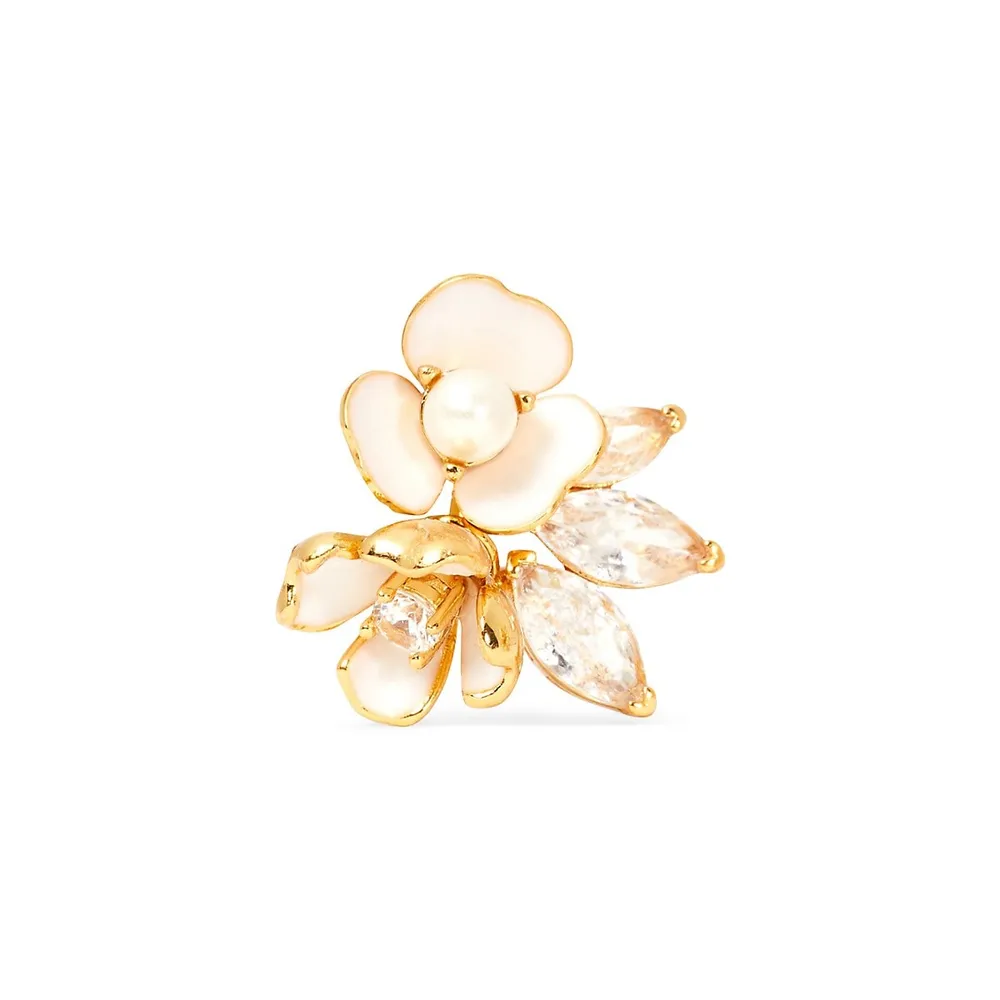 Bouquet Toss Goldtone, Faux Pearl, Enamel & Cubic Zirconia Stud Earrings