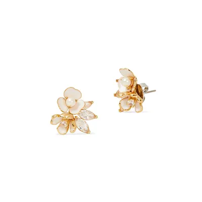 Bouquet Toss Goldtone, Faux Pearl, Enamel & Cubic Zirconia Stud Earrings