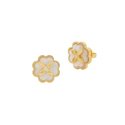 Boutons d'oreilles plaqués or avec nacre et zircons cubiques Heritage Bloom