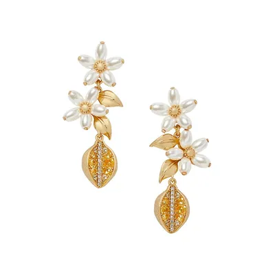 Fresh Squeeze Goldplated, Cubic Zirconia & Faux Pearl Flower Linear Earrings