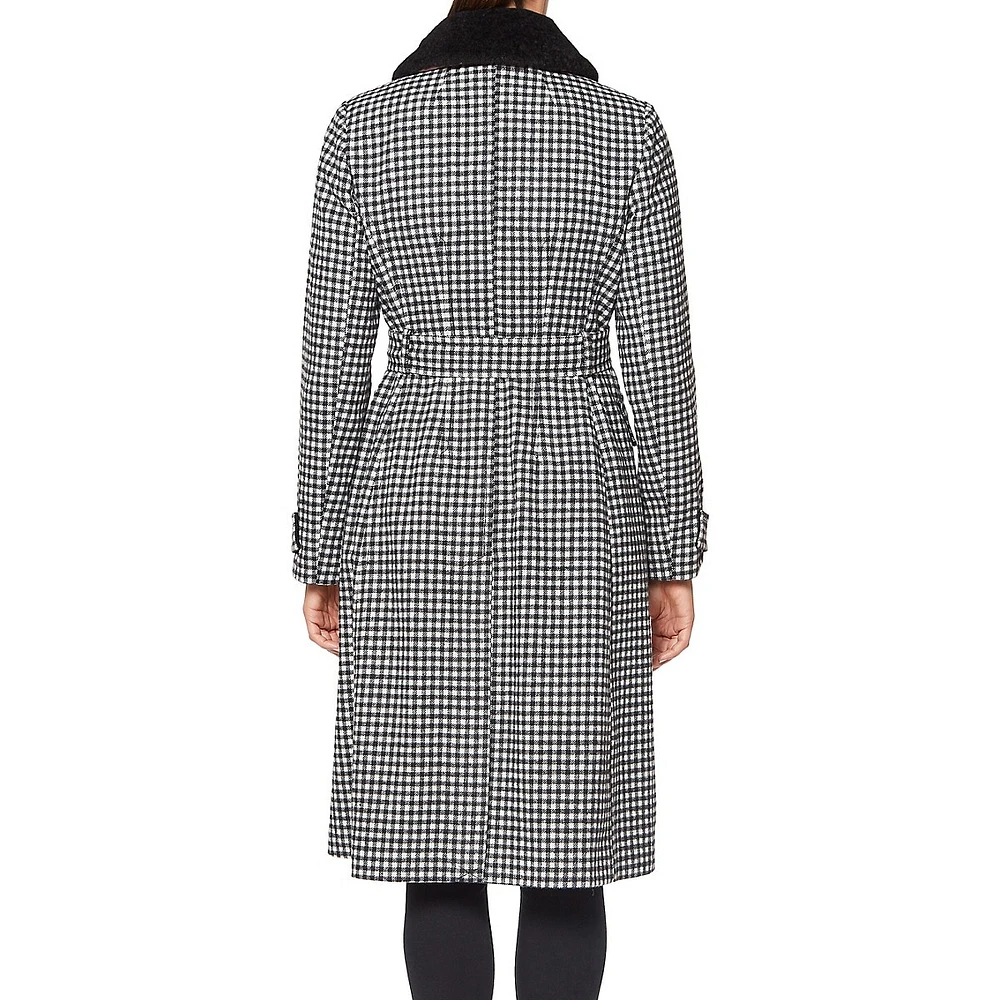 Faux Shearling Collar Belted-Waist Gingham Check Coat