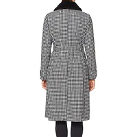 Faux Shearling Collar Belted-Waist Gingham Check Coat