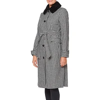 Faux Shearling Collar Belted-Waist Gingham Check Coat