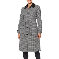 Faux Shearling Collar Belted-Waist Gingham Check Coat