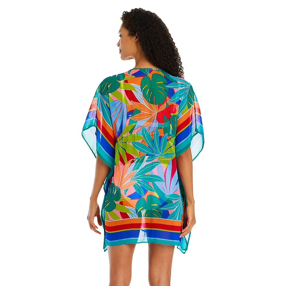 Tropical-Print Chiffon Caftan Coverup