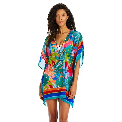 Tropical-Print Chiffon Caftan Coverup