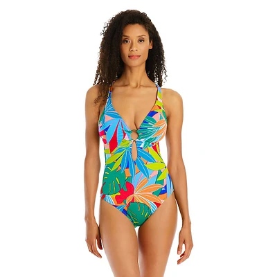 One-Piece Tropical-Print Cross-Back Ring Swimsuit