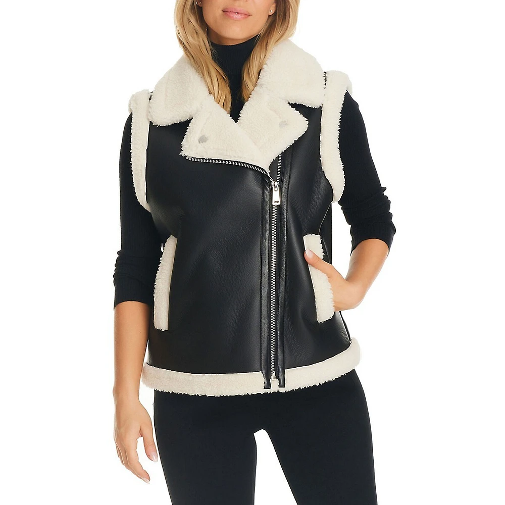 Faux Shearling-Trimmed Vegan Leather Moto Vest