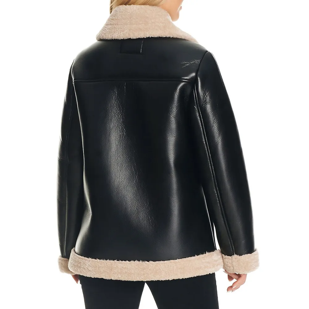 Faux Shearling-Trimmed Vegan Leather Moto Jacket