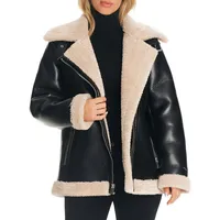 Faux Shearling-Trimmed Vegan Leather Moto Jacket