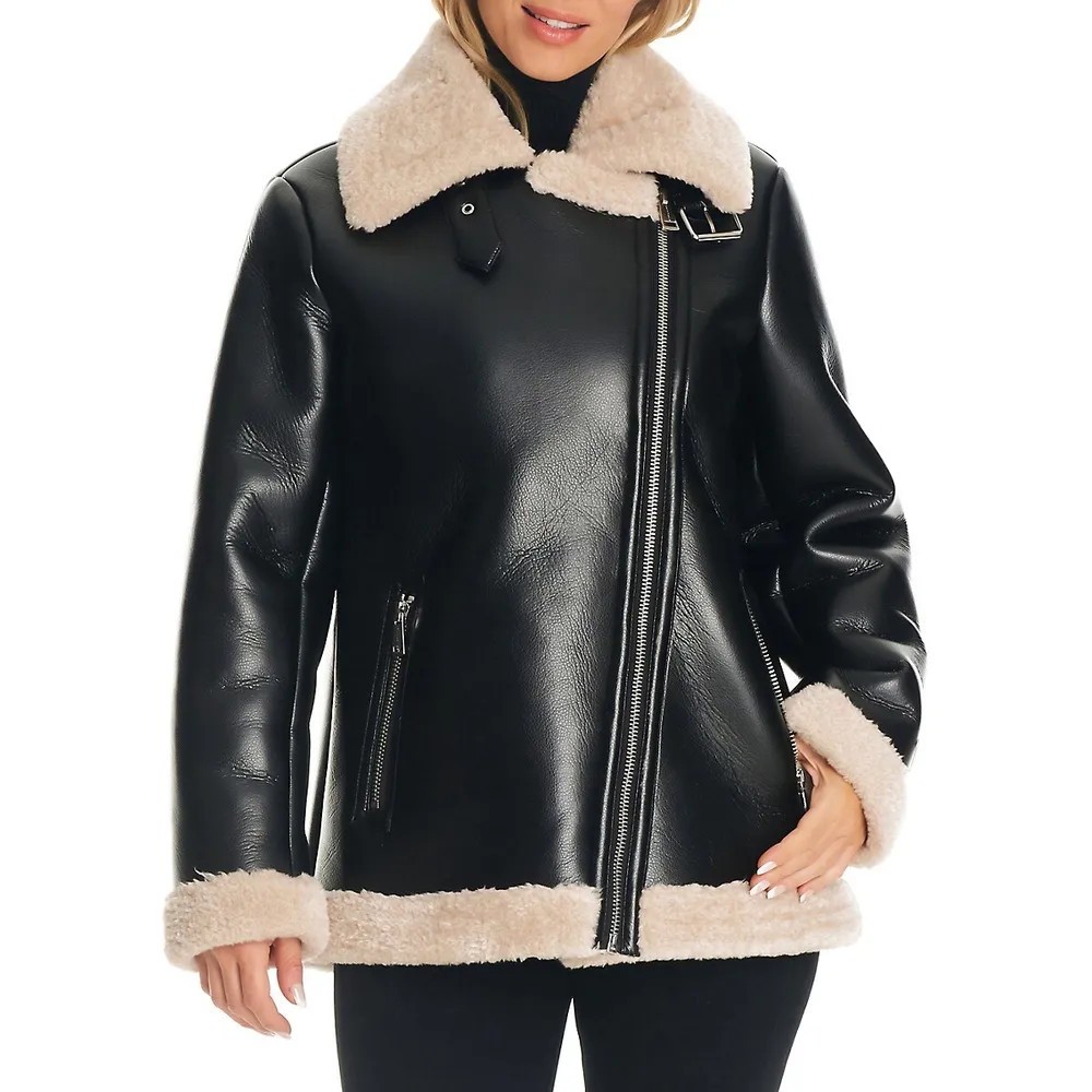 Faux Shearling-Trimmed Vegan Leather Moto Jacket