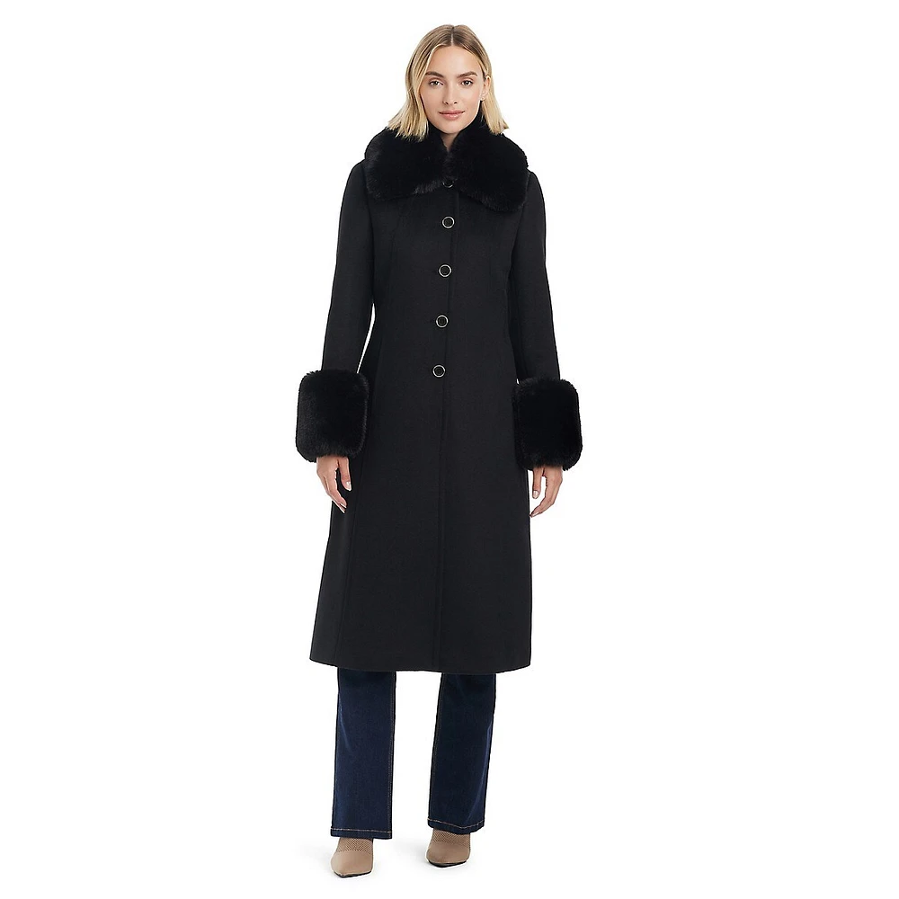 Sophie Wool-Blend Detachable Faux Fur-Trim Midi Coat