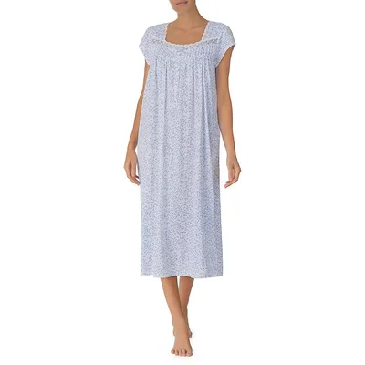 Lace-Trim Ditsy Leaf-Print Midi Nightgown