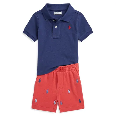 Ensemble short et t-shirt avec cavalier Polo brodé pour bébé garçon, deux pièces
